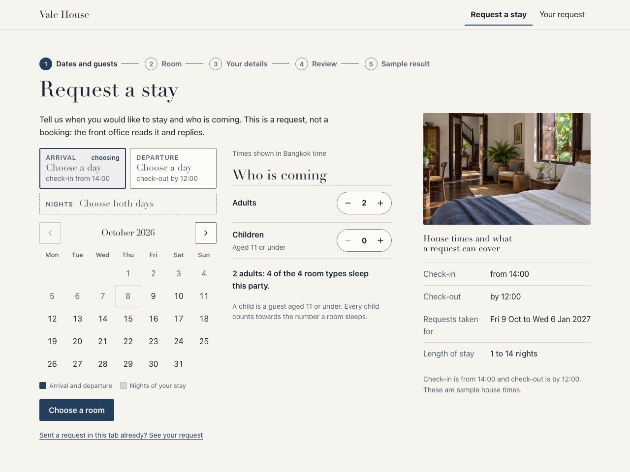 Hotel stay requests — Vale House