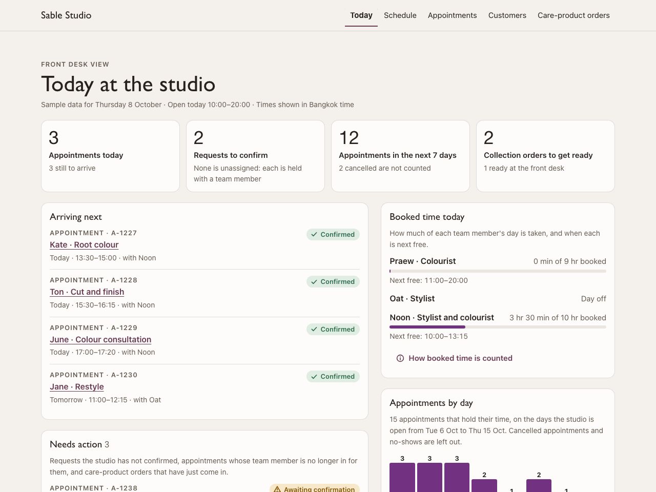 Salon schedule dashboard — Sable Studio