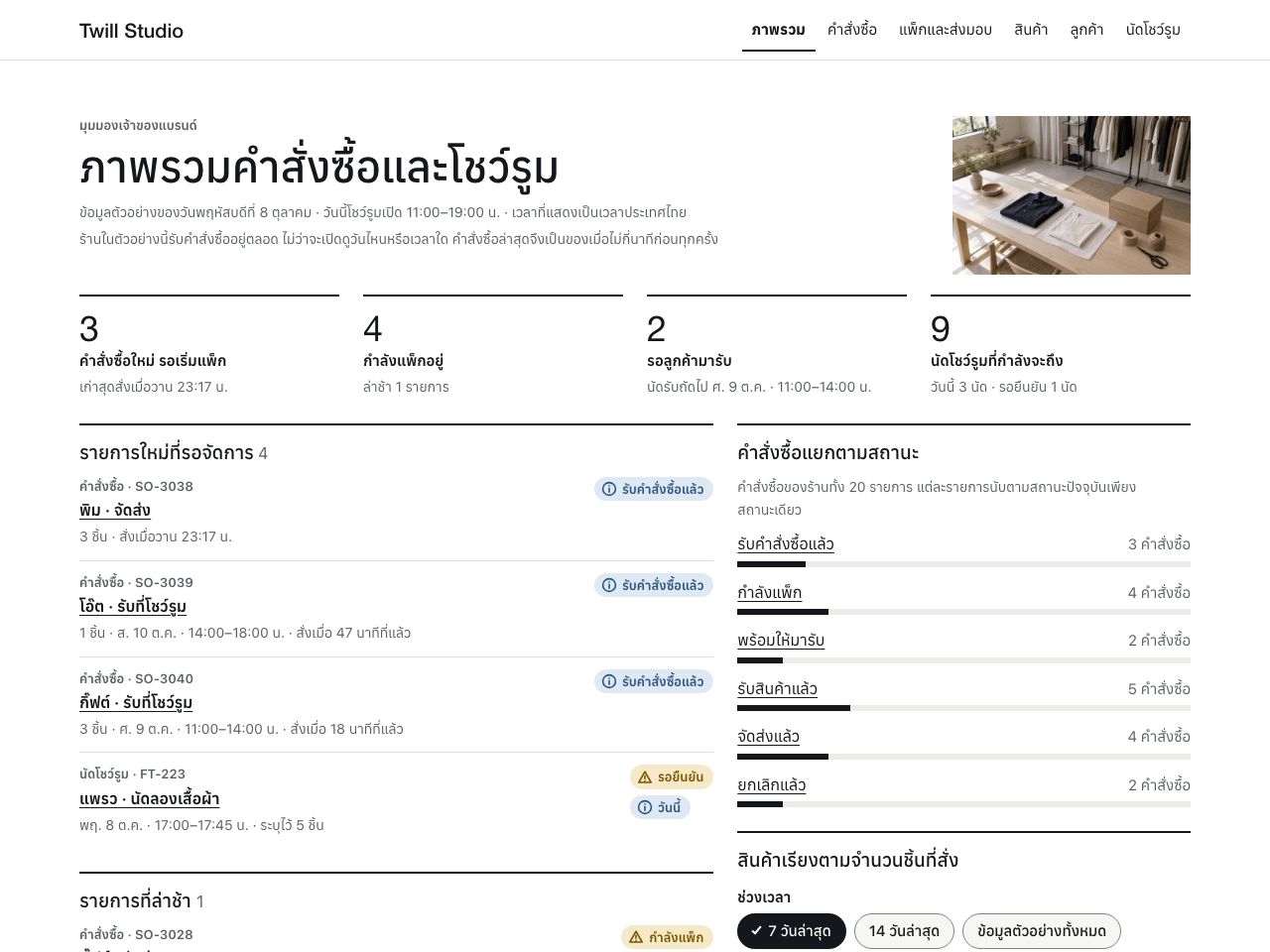 แดชบอร์ดคำสั่งซื้อของร้านค้าปลีก — Twill Studio