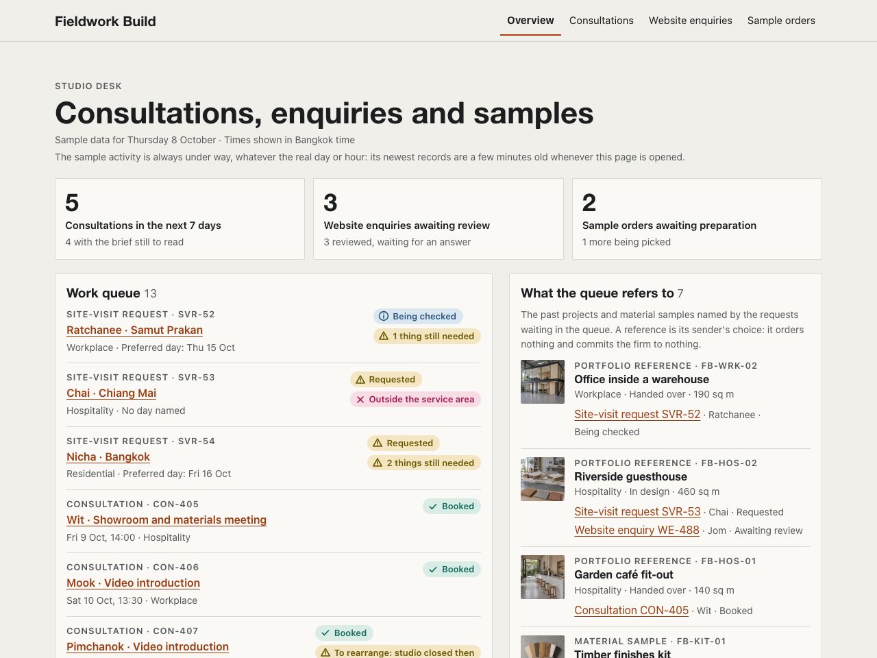 Construction enquiries dashboard — Fieldwork Build