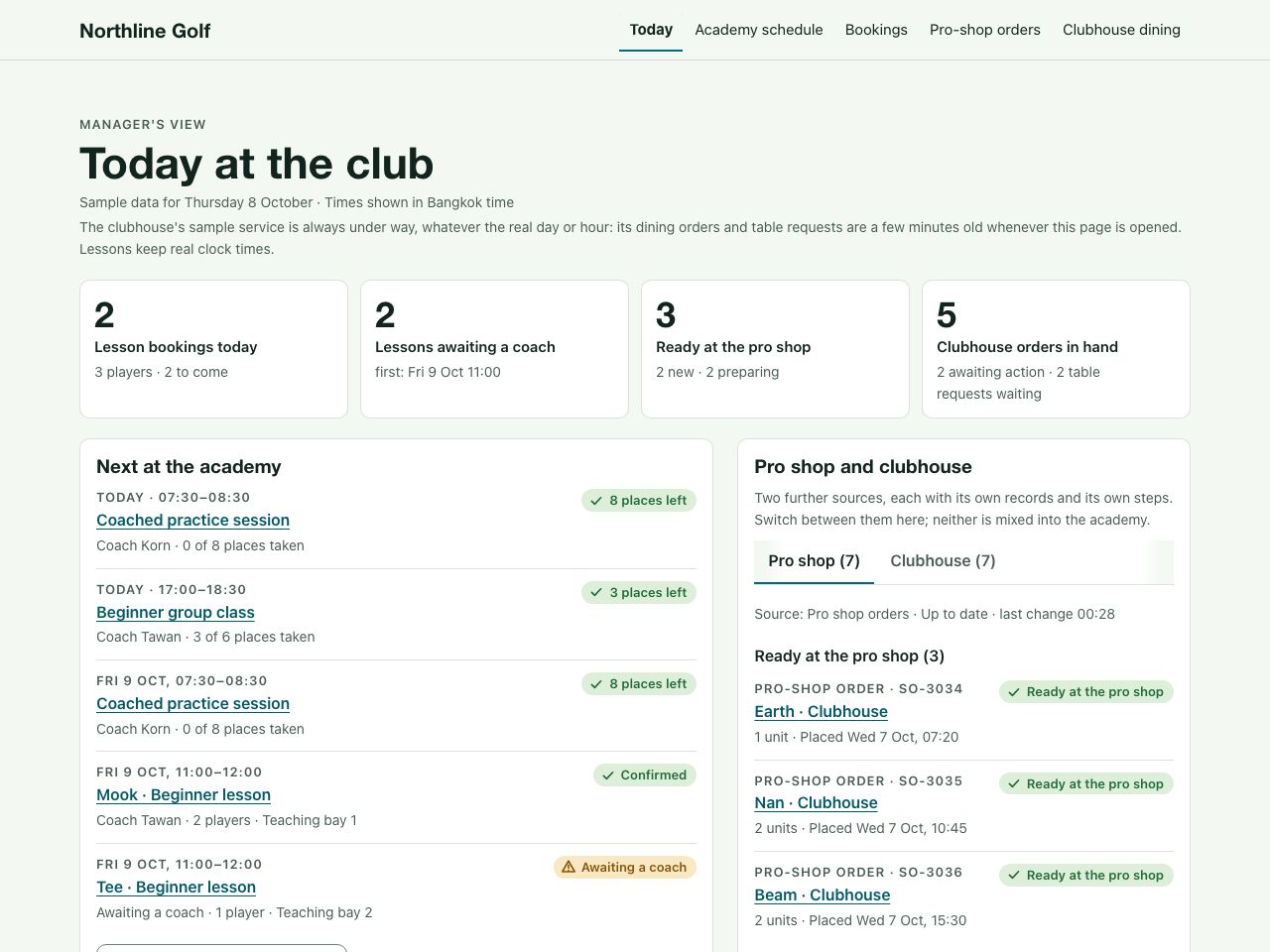 Golf academy dashboard — Northline Golf