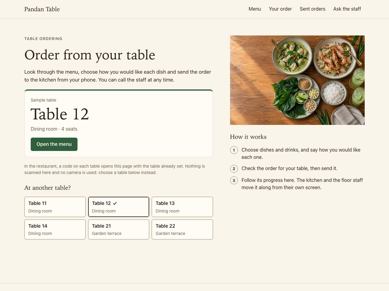 Restaurant table ordering — Pandan Table