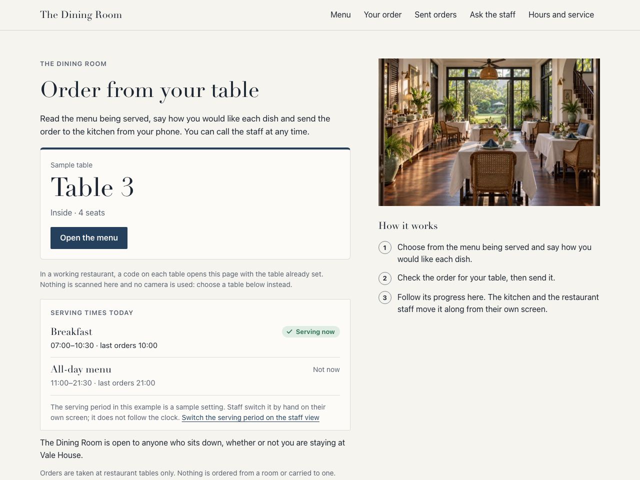 Hotel restaurant ordering — Vale House