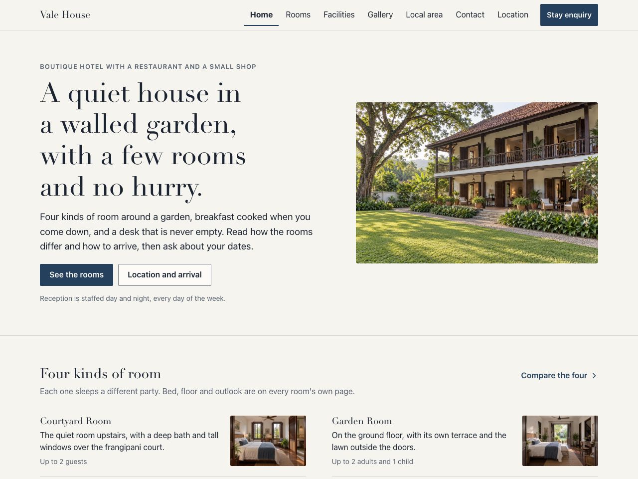 Hotel website — Vale House
