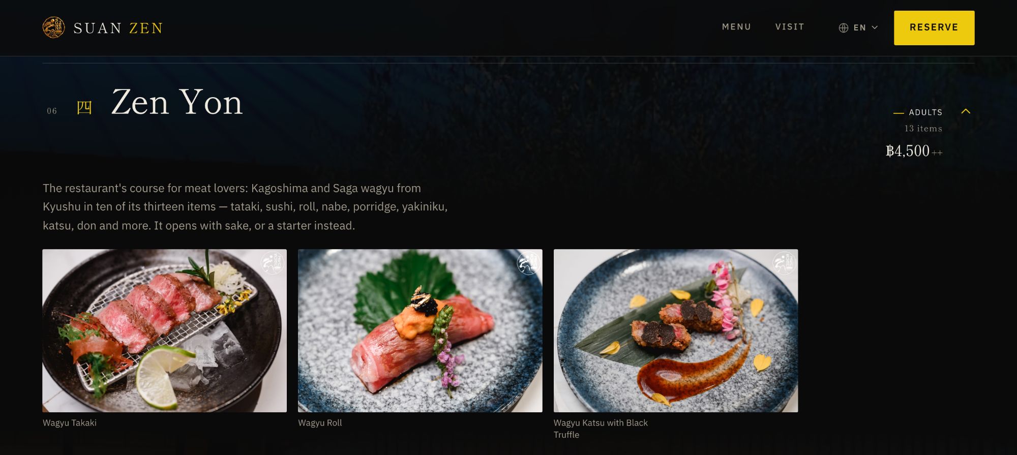 Suan Zen's menu page: the Zen Yon course with photos of three wagyu dishes