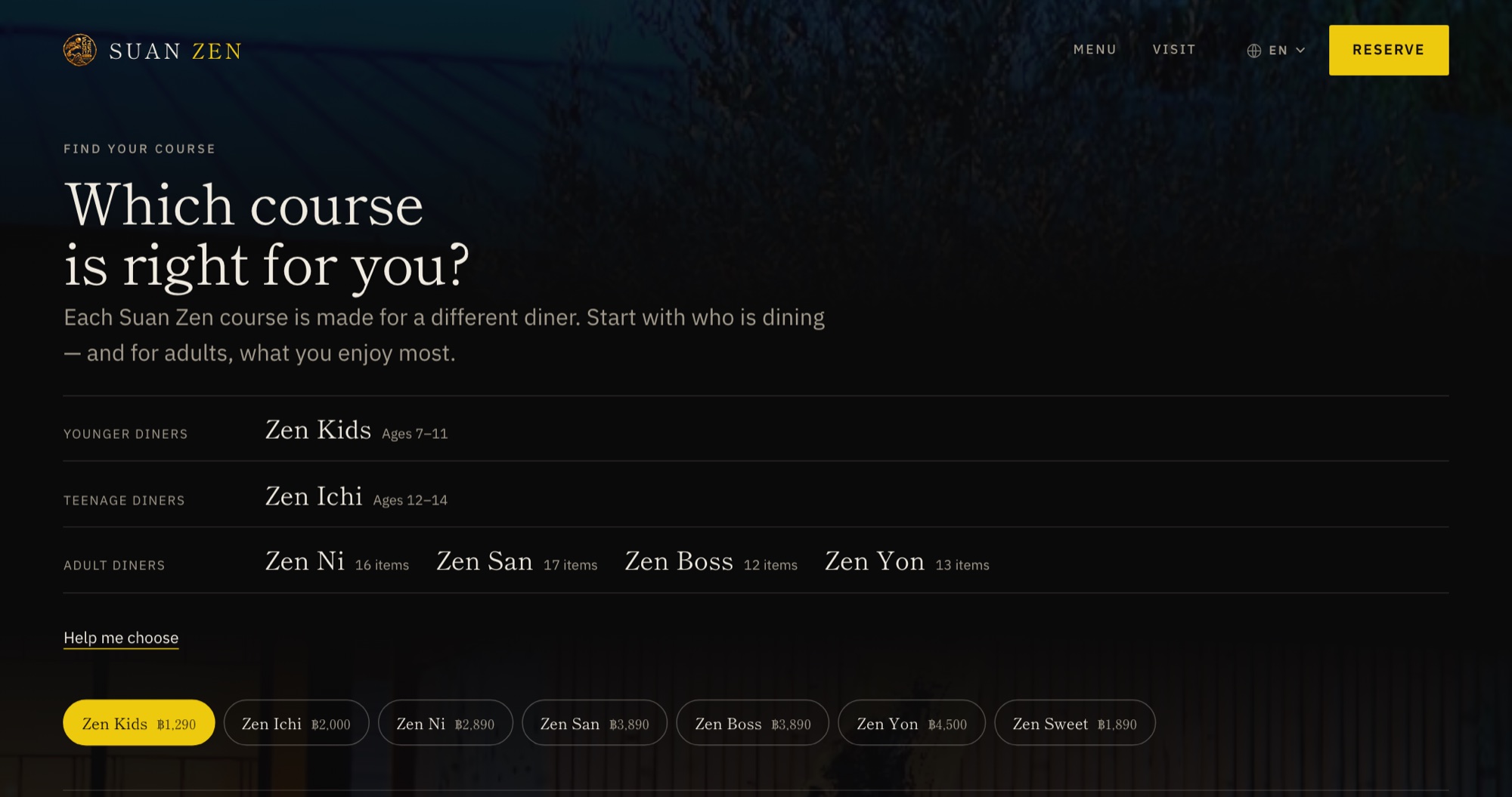 Suan Zen's menu page opening on “Which course is right for you?”, with the courses listed for younger, teenage and adult diners