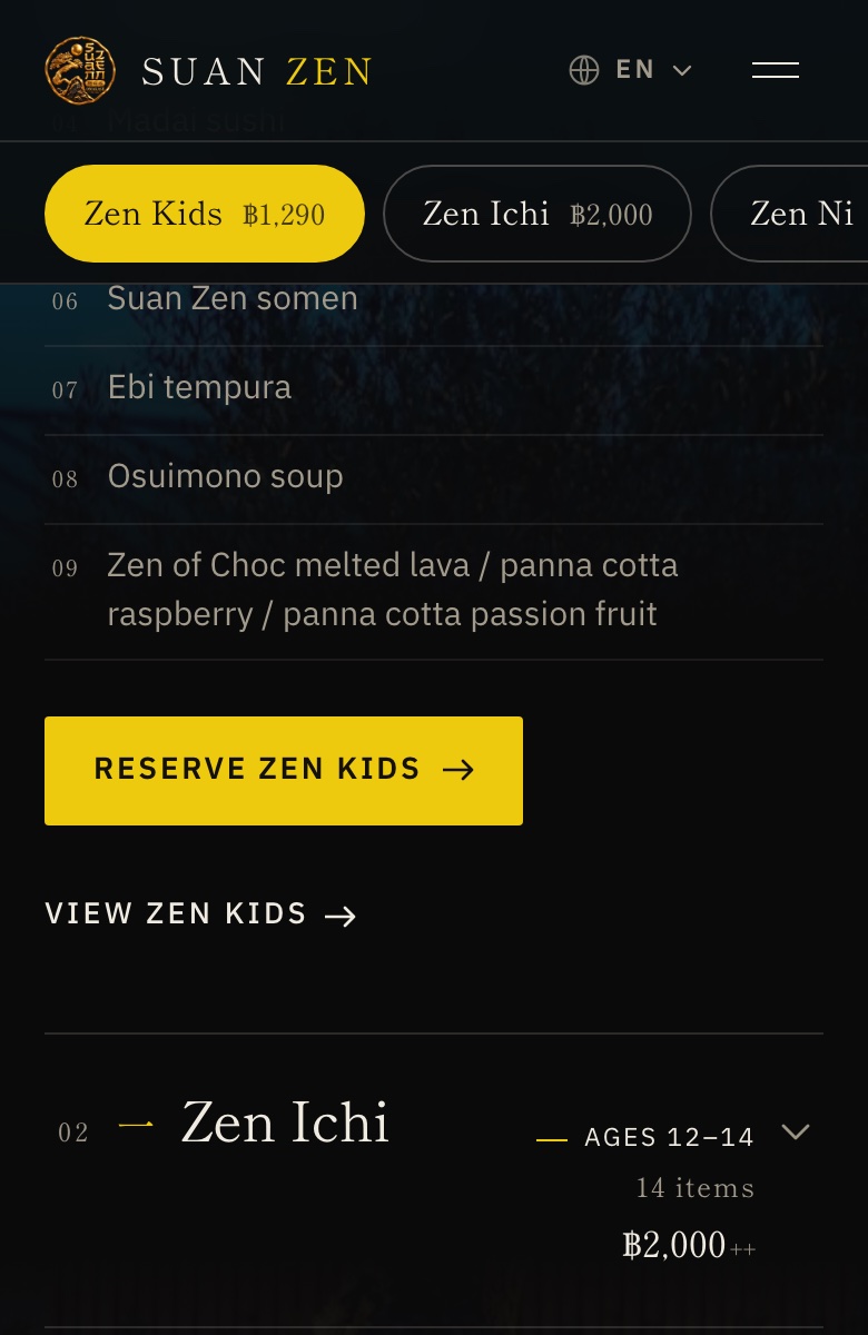A course on a phone with the button “Reserve Zen Kids” under its dishes